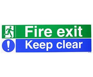 Seco Fire Exit - Man Running Left, Fire Exit, Exclamation Mark, Keep Clear Sign, 450mm x 150mm - 1mm Semi Rigid Plastic