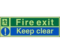 Seco Fire Exit - Man Running Left, Fire Exit, Exclamation Mark, Keep Clear Sign, 600mm x 200mm - Photoluminescent 1mm Semi Rigid Plastic