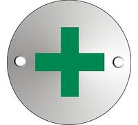 Seco First Aid Pictogram Sign, 72mm Diameter - 1.5mm Satin Anodised Aluminium