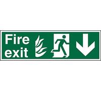 Seco NHS Compliant Fire Exit - Fire Exit, Fire, Man Running Right, Arrow Pointing Down Sign, 450mm x 150mm - Self Adhesive Vinyl