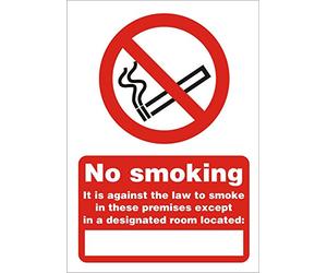 Seco No Smoking - It is Against The Law to Smoke in These Premises Except in A Designated Room Located: Sign, A4 - Self Adhesive Vinyl