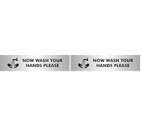 Seco Now Wash Your Hands Please With Pictogram Sign, 190mm x 45mm - 2mm Brushed Aluminium Effect Acrylic (Pack of 2)