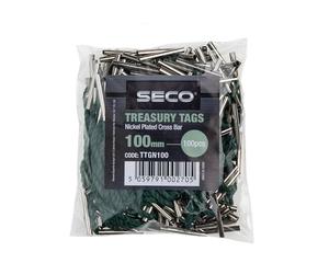 Seco Premium Nickel Plated Cross Bar Treasury Tags, 100mm, Pack of 100 - Green
