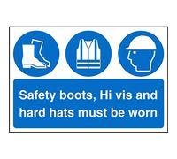 Seco Safety Boots, Hi Vis and Hard Hats Must Be Worn Sign, 600mm x 400mm - 1mm Semi Rigid Plastic, White
