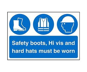 Seco Safety Boots, Hi Vis and Hard Hats Must Be Worn Sign, 600mm x 400mm - 1mm Semi Rigid Plastic, White
