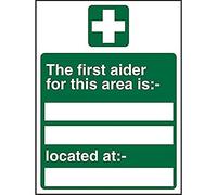 Seco The First Aider for This Area is/Located at Sign, 200mm x 300mm - 1mm Semi Rigid Plastic