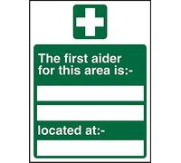 Seco The First Aider for This Area is/Located at Sign, 200mm x 300mm - Self Adhesive Vinyl