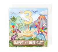 Second Ave 3rd Birthday Dinosaur Volcano Square Card for Boy or Girl Family Friend