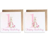Second Ave Cute 1st Birthday Age 1 Pink Bunny Rabbit Square Card Birthday Greeting Card for Girl (Pack of 2)