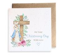 Second Ave Cute Blue Bunny Rabbit Christening Day Square Card Religious Greeting Card for Boy