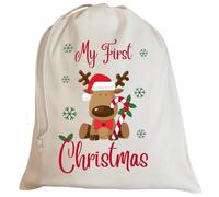 Second Ave Cute Children's My First Christmas Reindeer Cotton Drawstring Xmas Santa Sack Bag Gift