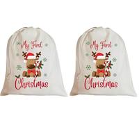 Second Ave Cute Children's My First Christmas Reindeer Cotton Drawstring Xmas Santa Sack Bag Gift (Pack of 2)