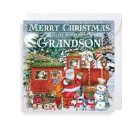 Second Ave Grandson Christmas Train Santa Snowman Children's Kids Square Xmas Holiday Festive Greetings Card