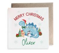 Second Ave Personalised Blue Dinosaur Children's Kids Baby Christmas Square Card Christmas Xmas Holiday Festive Greetings Card for Boy or Girl