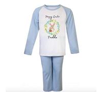 Second Ave Personalised Children's Kids Easter Bunny Flower Pyjamas PJ's Blue/White