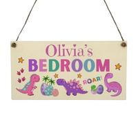 Second Ave Personalised Pink Dinosaur Wooden Hanging Rectangle Children's Girls Bedroom Playroom Sign Plaque