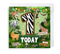 Second Ave Safari Jungle Animal 1st Birthday Age 1 Square Children's Kids Birthday Greeting Card for Boy or Girl