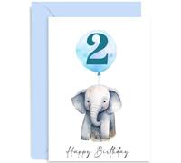 Second Birthday Boy Card - 2 Year Old Birthday Card for Boys Toddler - Elephant Balloon Design - Cute Blue 2nd Birthday Card for Him - Son, Grandson, Nephew | Blank Inside