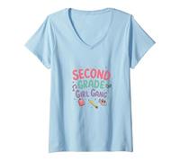 Second Grade Girl Gang: Fun School Squad for Young Girls V-Neck T-Shirt, Women, Baby Blue, S