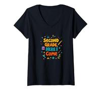 Second Grade, Here I Come: Fun School Adventure Awaits V-Neck T-Shirt, Women, Black, L