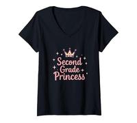 Second Grade Princess Royal Crown Sparkle V-Neck T-Shirt, Women, Black, XXL