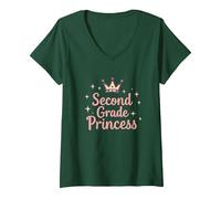 Second Grade Princess Royal Crown Sparkle V-Neck T-Shirt, Women, Forest Green, L