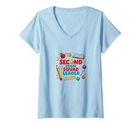 Second Grade Squad Leader Elementary School Pride V-Neck T-Shirt, Women, Baby Blue, L