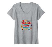 Second Grade Squad Leader Elementary School Pride V-Neck T-Shirt, Women, Heather Grey, XL