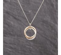 Second Hand 9ct Two Colour Gold Cubic Zirconia Set Double Circle Pendant & 18 Inch Curb Chain 41143298