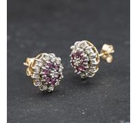 Second Hand 9ct Two Colour Gold Ruby & Diamond Three Tier Flower Cluster 11mm Stud Earrings 41174320
