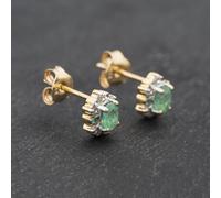 Second Hand 9ct Yellow Gold 0.28ct Emerald & Diamond Oval Cluster Stud Earrings 43171304