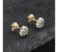 Second Hand 9ct Yellow Gold 0.30ct Emerald & Diamond Oval Cluster Stud Earrings 43171331