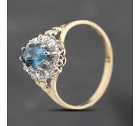 Second Hand 9ct Yellow Gold Blue Topaz & 0.05ct Diamond Heart Engraved Shoulders Oval Cluster Ring 43451021