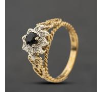 Second Hand 9ct Yellow Gold Sapphire & 0.04ct Diamond Flower Heart Shoulders Cluster Ring 41384511
