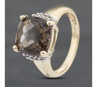 Second Hand 9ct Yellow Gold Smokey Quartz & Diamond Cushion Shape Dress Ring 41382682