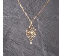 Second Hand Vintage Yellow Gold Opal & Seed Pearl Intricate Openwork Pendant & 14.5 Inch Belcher Chain 41143156