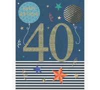 SECOND NATURE Large Embellished A4 40th Birthday Greeting Card Balloons & Stars 40 Today - All For One Masculine Design, Gold-Foiled, Heartfelt Message, Eco-Friendly, Ideal For Group Signings
