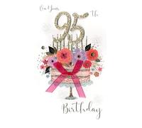 Second Nature Milestone Age 95 Birthday Card for Women - Floral Birthday Cake with 3D Bow and Glitter '95' Handcrafted Numbers - Made in England