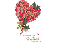 SECOND NATURE Mum Christmas Card Hand-Finished Embellished Hearts Balloon Design - Champagne Foil Accents, Fabric Leaves, Red Envelope, Embellished, Sparkling Gems, Family Cards, Special Wishes