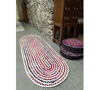 Second Nature Online Carnival Medium Braided Oval Runner Rug with White Cotton and Multi Colour Recycled Fabric 60 cm x 180 cm