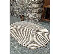 Second Nature Online CHAKKAR PALE Small Oval Stripe Braided Natural Jute White Cotton Rug 75 cm x 120 cm