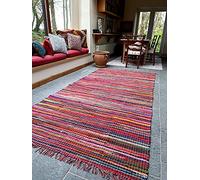 Second Nature Online Festival Large Eco Friendly Multi Colour Stripe Fringed Rag Rug Hand Woven with Recycled Fabric Strips 180 cm x 270 cm