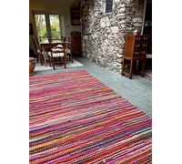 Second Nature Online Festival Large Square Eco Friendly Multi Colour Stripe Fringed Rag Rug Hand Woven with Recycled Fabric Strips 200 cm x 200 cm
