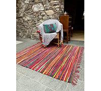 Second Nature Online Festival Medium Square Eco Friendly Multi Colour Stripe Fringed Rag Rug Hand Woven with Recycled Fabric Strips 150 cm x 150 cm