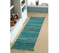 Second Nature Online Green Multi Colour Festival Long Rag Rug Runner Hand Made Reversible Mat GoodWeave Certified 60 cm x 210 cm