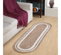 Second Nature Online KHIDAKEE Jute Oval Rug/Runner | Ethically Sourced | Eco-Friendly | Handwoven | Natural Fiber with White Stripe Design | Medium Size (60x180 cm)