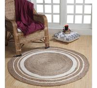 Second Nature Online KHIDAKEE Jute Round Rug | Ethically Sourced | Eco-Friendly | Handwoven | Natural Fiber with White Stripe Design | Medium Size (120 cm Diameter)