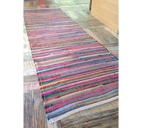 Second Nature Online Long Runner Rainbow Eco Friendly Chindi Rag Rug Hand Loomed in Flat Weave Style with Multi Colour Recycled Fabric Strips 60 cm x 240 cm