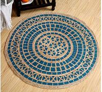 Second Nature Online Mandala Large Round Braided Jute Rug Reversible with Blockprint Indian Turquoise Design and Plain Backing 150 cm Diameter