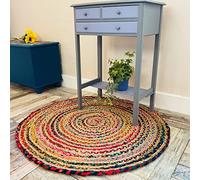 Second Nature Online Mishran Eco Friendly Medium Round Braided Rug Flat Weave with Natural Jute and Multi Colour Recycled Material 90 cm Diameter